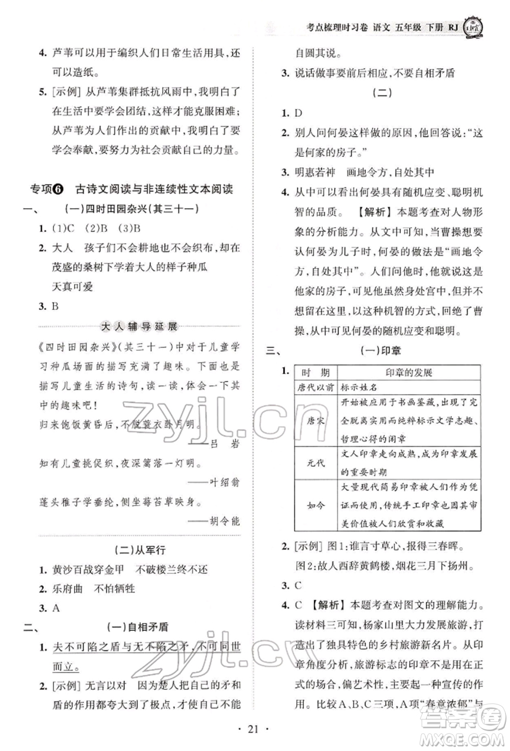 江西人民出版社2022王朝霞考點(diǎn)梳理時(shí)習(xí)卷五年級(jí)語(yǔ)文下冊(cè)人教版參考答案