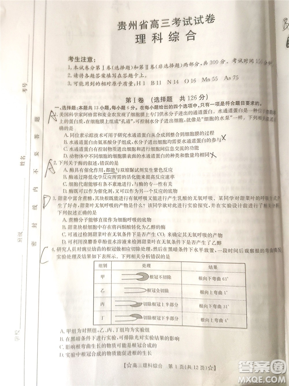 2022年1月貴州省高三考試?yán)砜凭C合試卷及答案