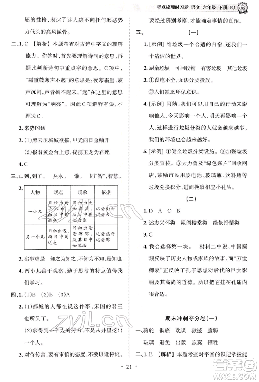 江西人民出版社2022王朝霞考點(diǎn)梳理時(shí)習(xí)卷六年級(jí)語(yǔ)文下冊(cè)人教版參考答案