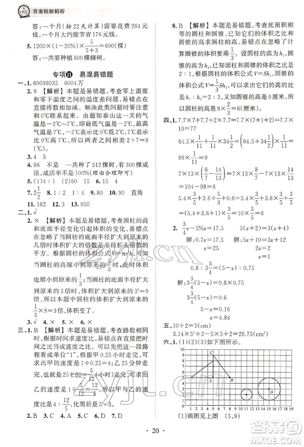 江西人民出版社2022王朝霞考點(diǎn)梳理時(shí)習(xí)卷六年級(jí)數(shù)學(xué)下冊(cè)人教版參考答案