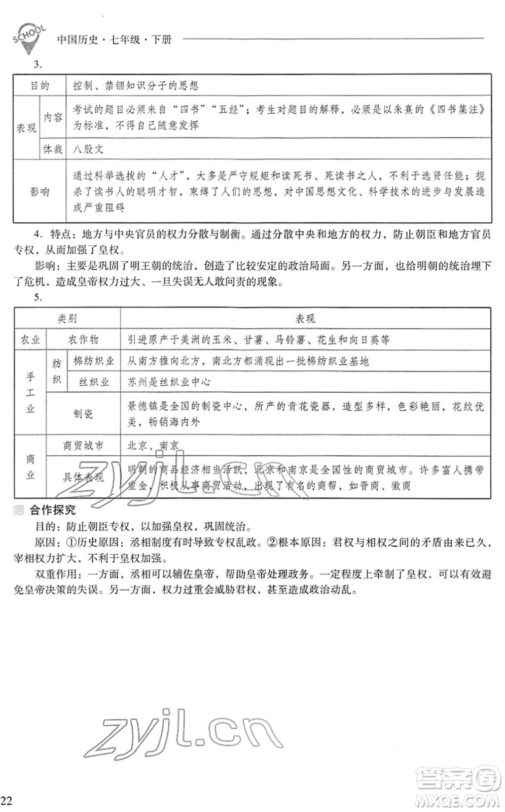 山西教育出版社2022新課程問題解決導(dǎo)學(xué)方案七年級(jí)歷史下冊(cè)人教版答案