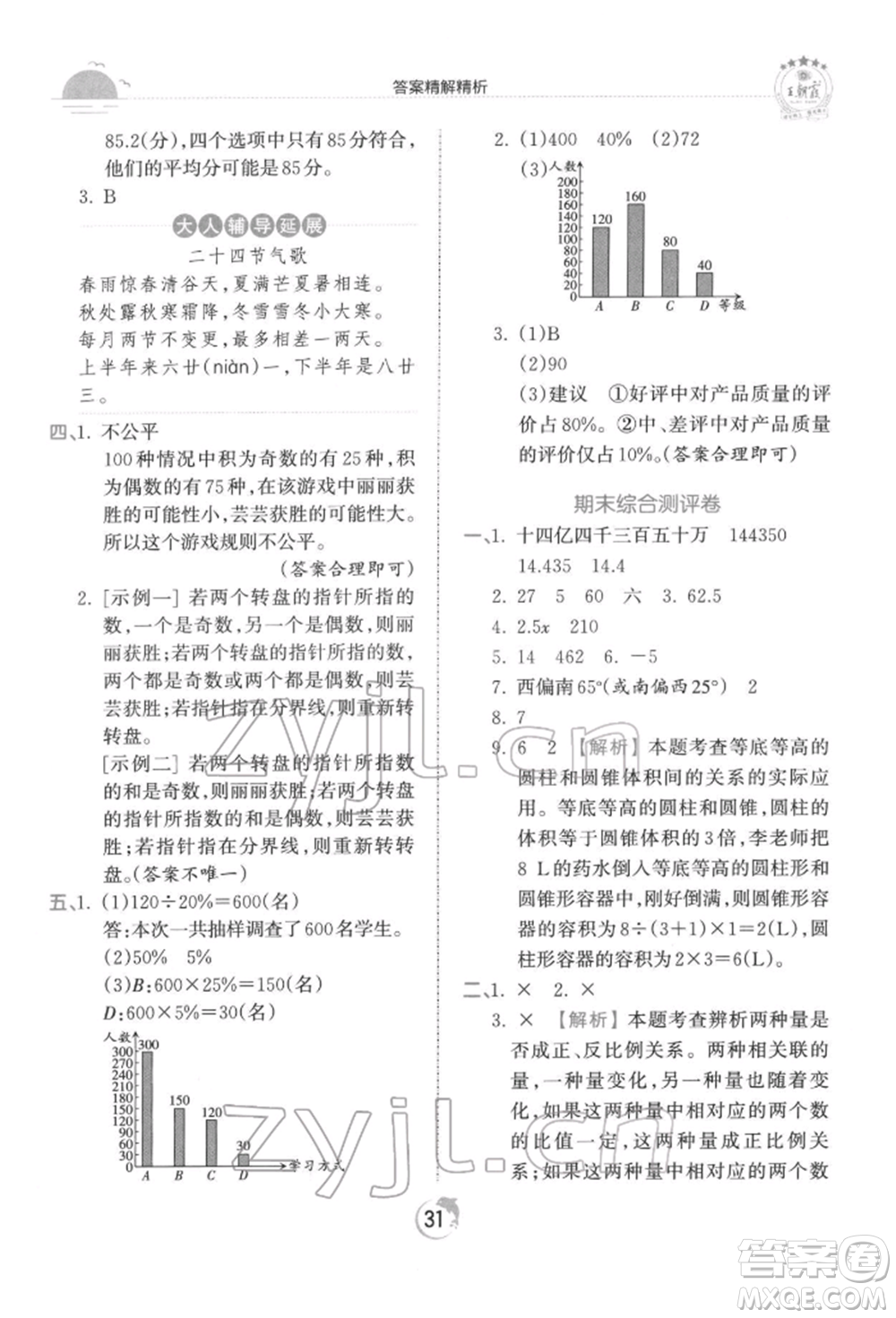 江西人民出版社2022王朝霞德才兼?zhèn)渥鳂I(yè)創(chuàng)新設(shè)計(jì)六年級(jí)數(shù)學(xué)下冊(cè)人教版參考答案