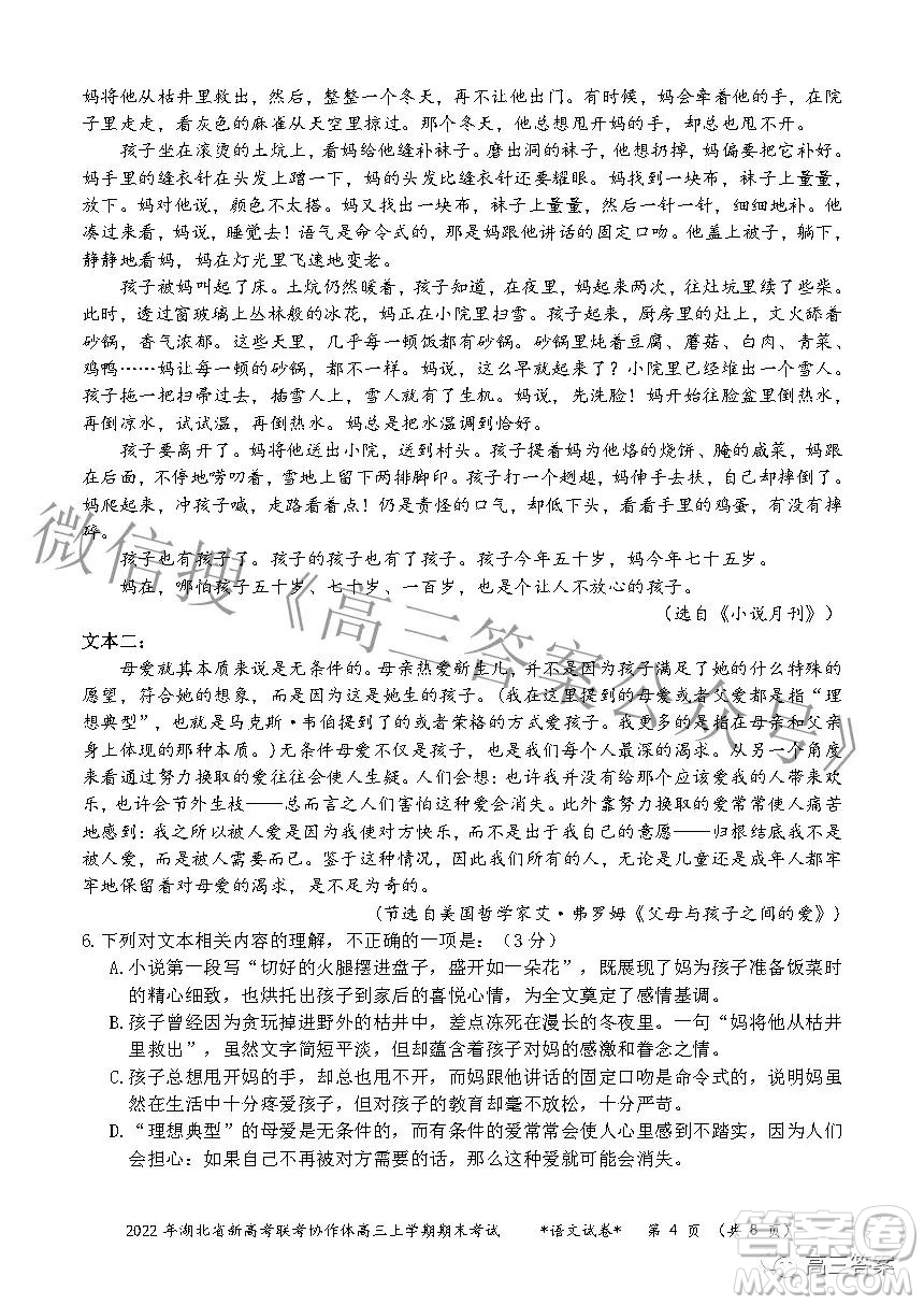 2022年湖北省新高考協(xié)作體高三上學(xué)期期末考試語文試卷及答案