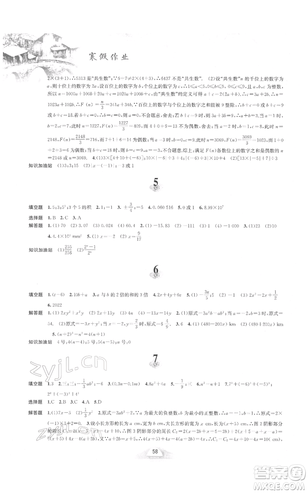 黃山書社2022寒假作業(yè)七年級數(shù)學(xué)滬科版參考答案