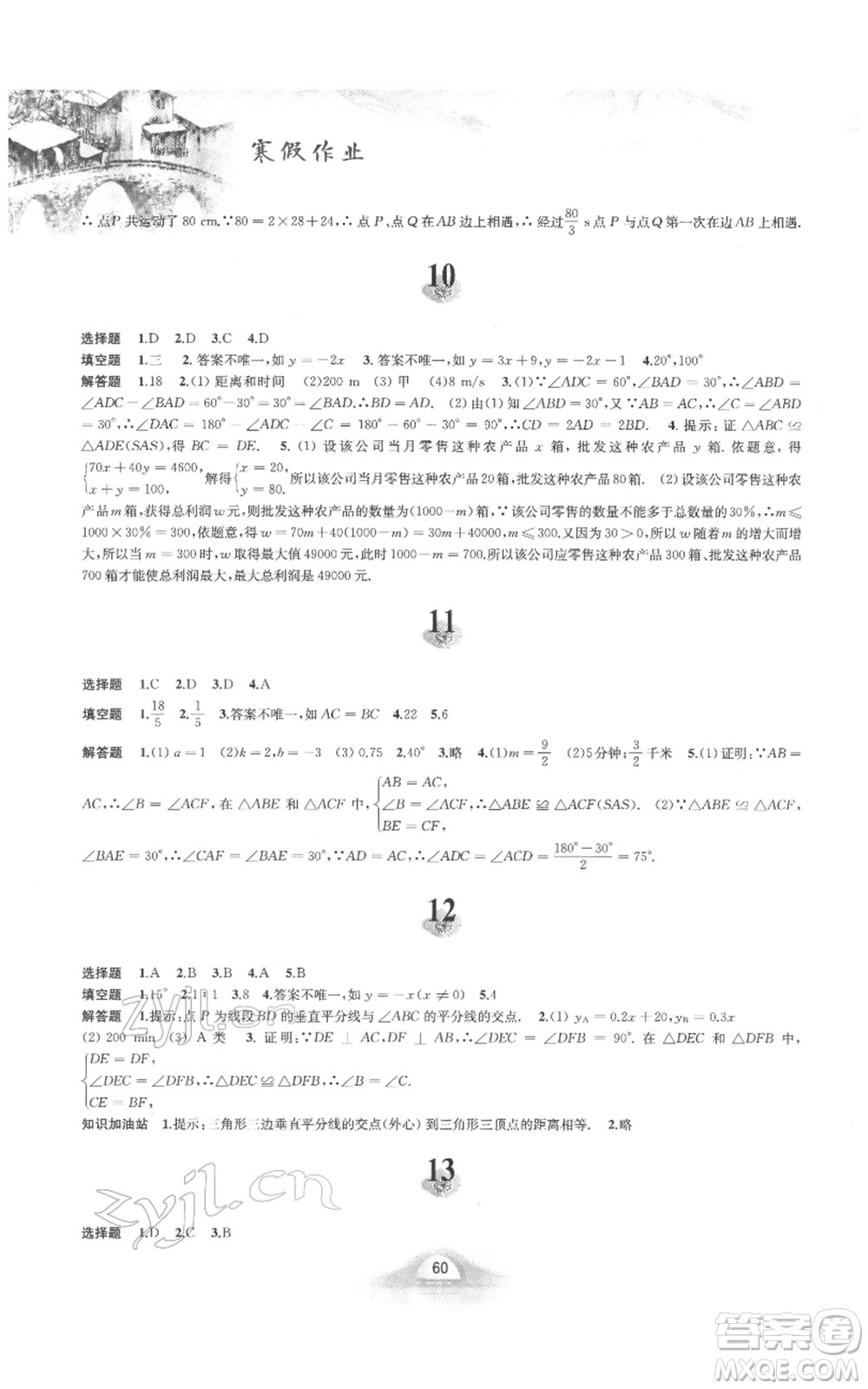 黃山書社2022寒假作業(yè)八年級數(shù)學滬科版參考答案