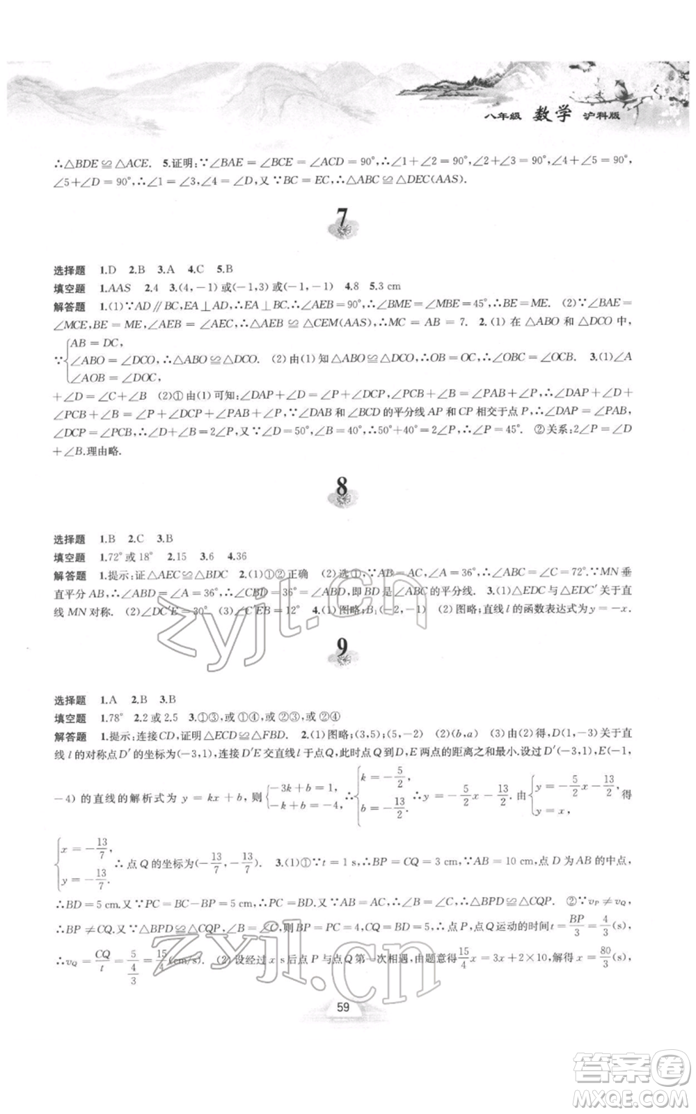 黃山書社2022寒假作業(yè)八年級數(shù)學滬科版參考答案