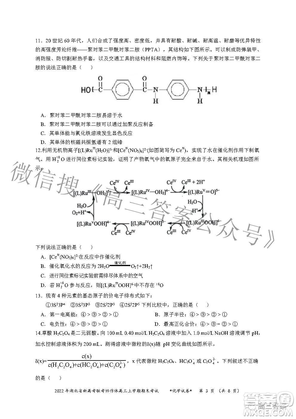 2022年湖北省新高考協(xié)作體高三上學(xué)期期末考試化學(xué)試卷及答案