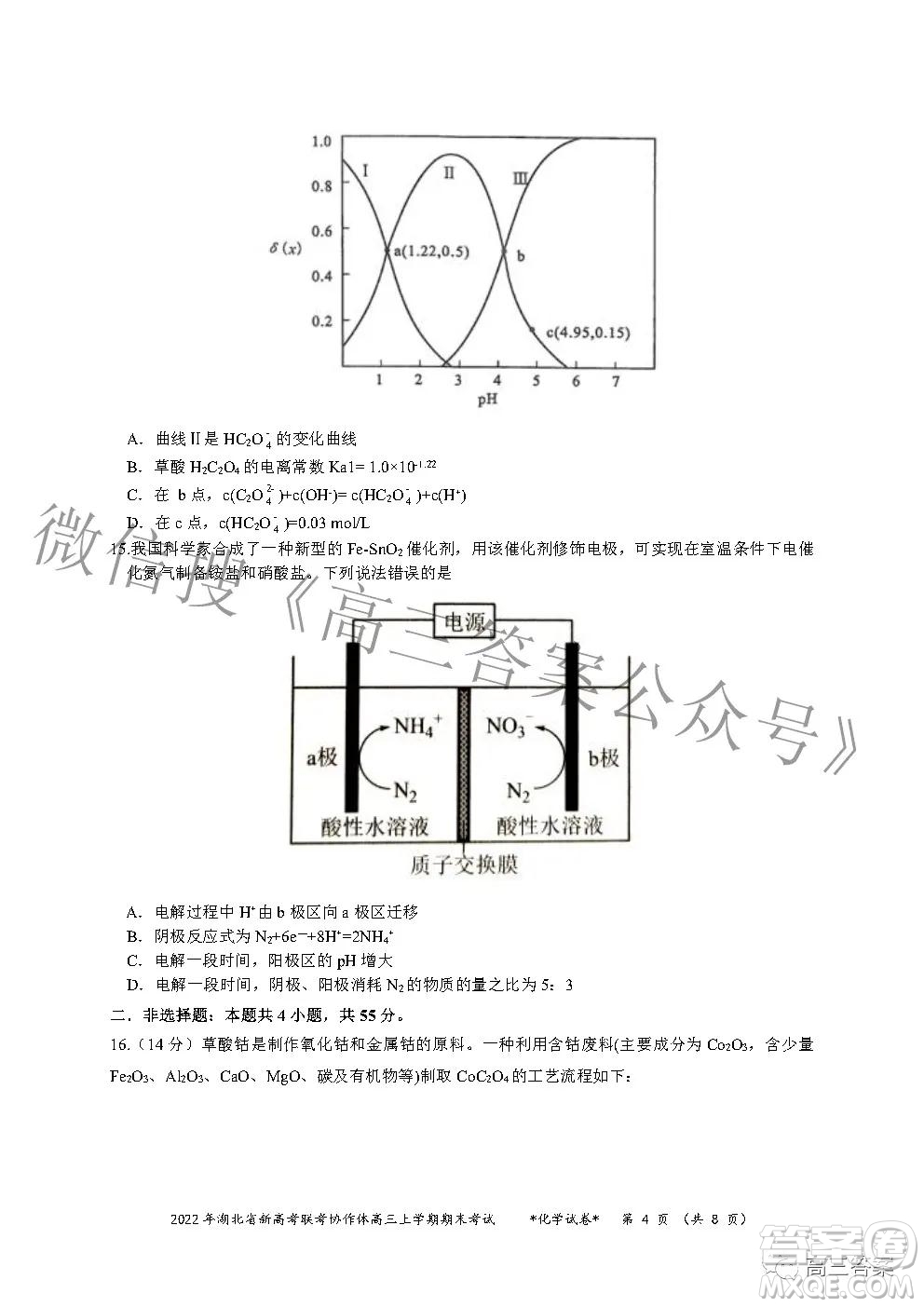 2022年湖北省新高考協(xié)作體高三上學(xué)期期末考試化學(xué)試卷及答案