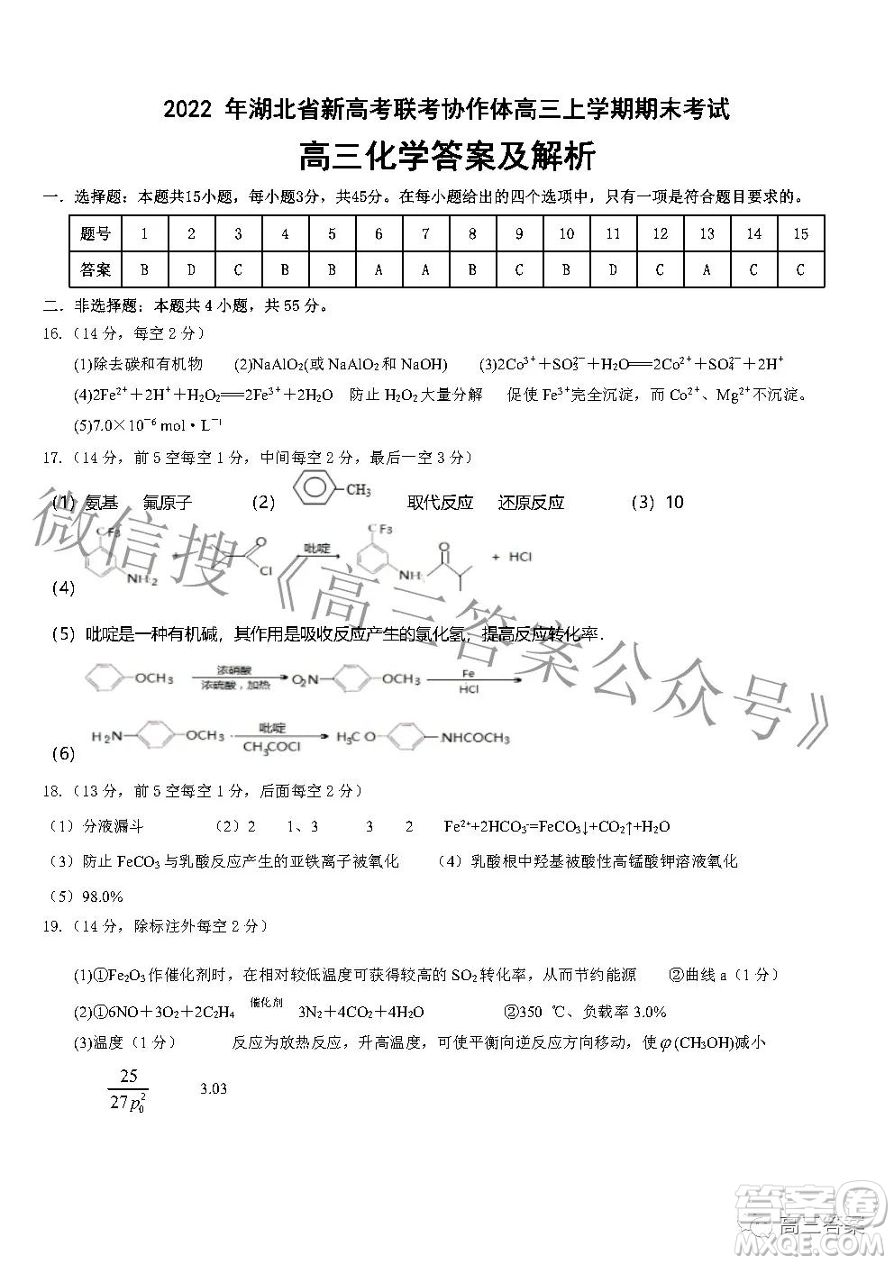 2022年湖北省新高考協(xié)作體高三上學(xué)期期末考試化學(xué)試卷及答案