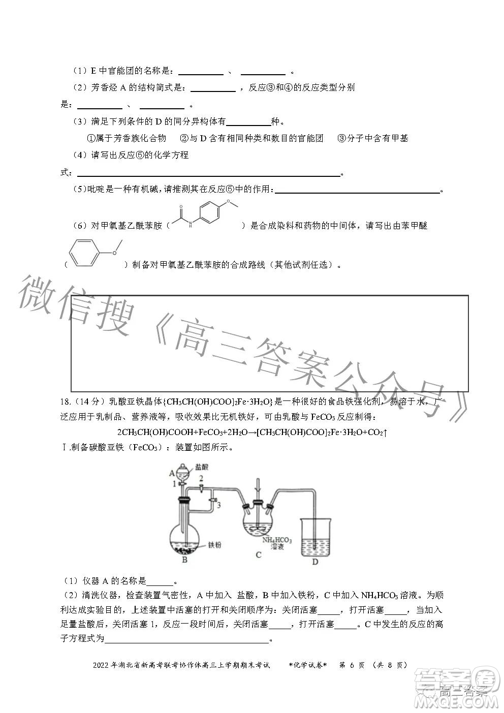 2022年湖北省新高考協(xié)作體高三上學(xué)期期末考試化學(xué)試卷及答案