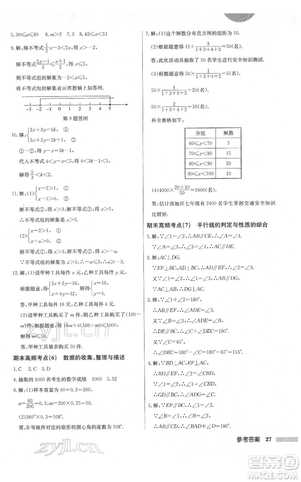 龍門書局2022啟東中學(xué)作業(yè)本七年級數(shù)學(xué)下冊人教版參考答案