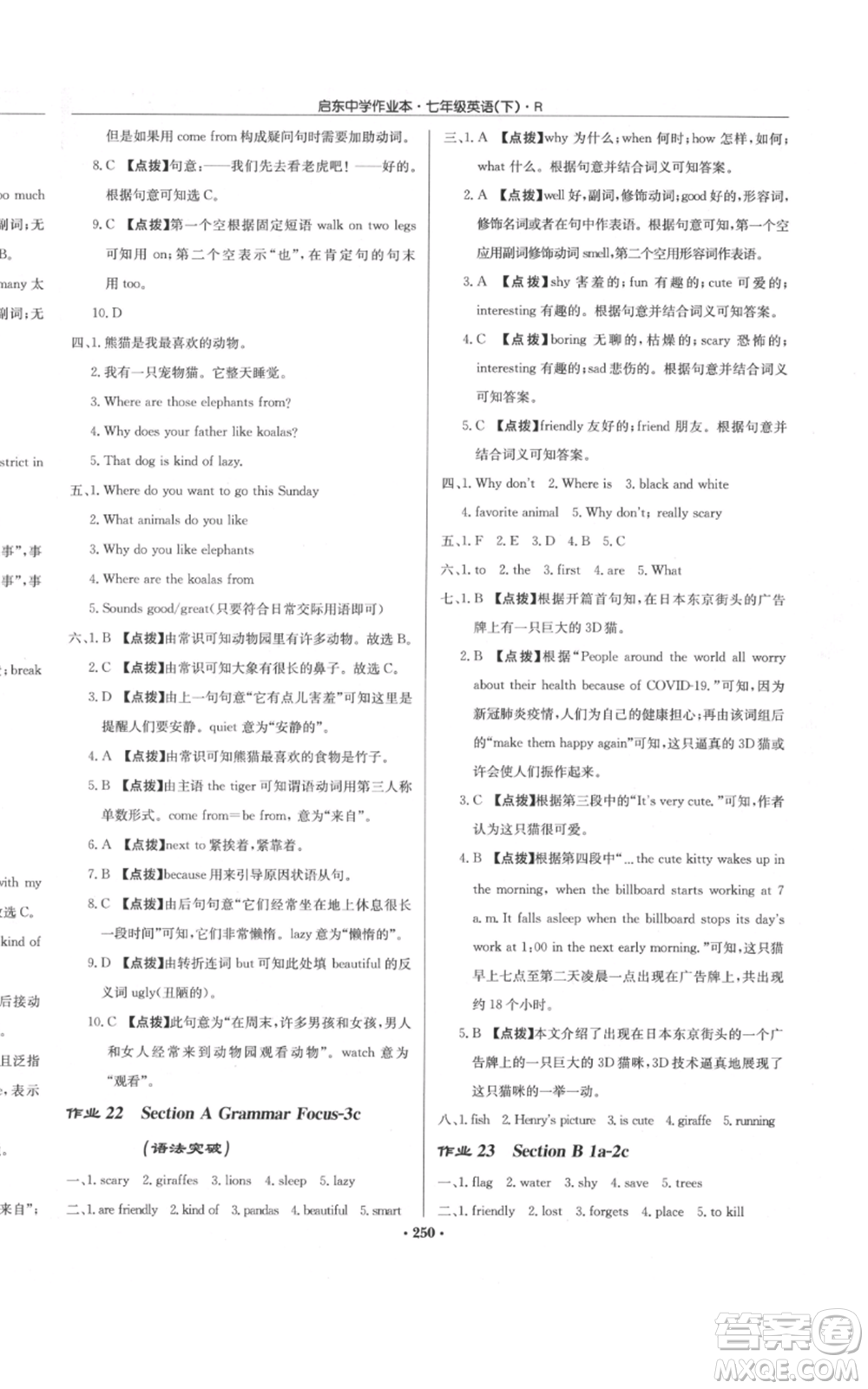 龍門書局2022啟東中學(xué)作業(yè)本七年級(jí)英語(yǔ)下冊(cè)人教版參考答案