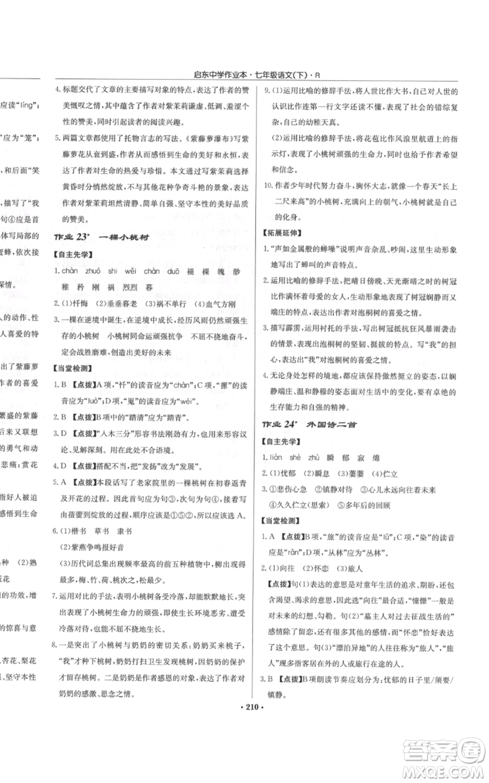 龍門書局2022啟東中學(xué)作業(yè)本七年級語文下冊人教版參考答案