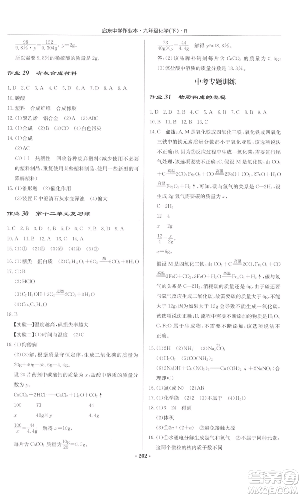 龍門書局2022啟東中學(xué)作業(yè)本九年級化學(xué)下冊人教版參考答案