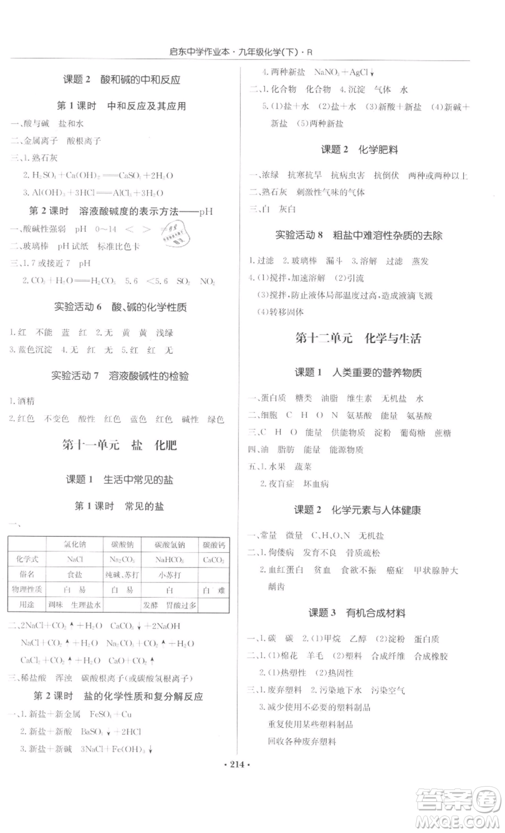 龍門書局2022啟東中學(xué)作業(yè)本九年級化學(xué)下冊人教版參考答案