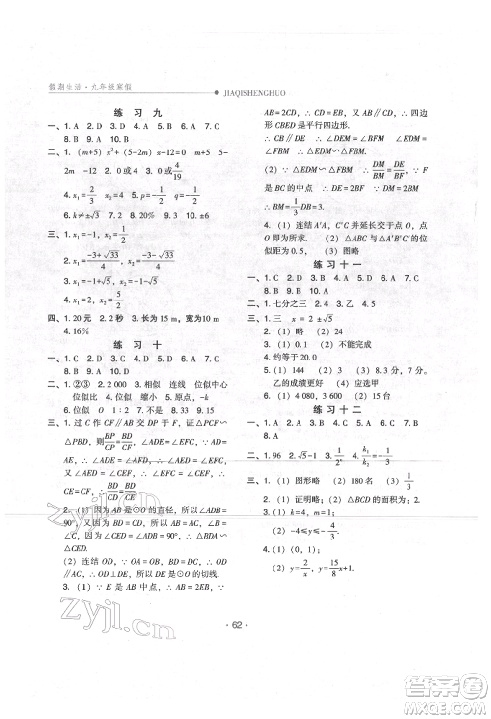 方圓電子音像出版社2022假期生活寒假九年級數(shù)學冀教版參考答案