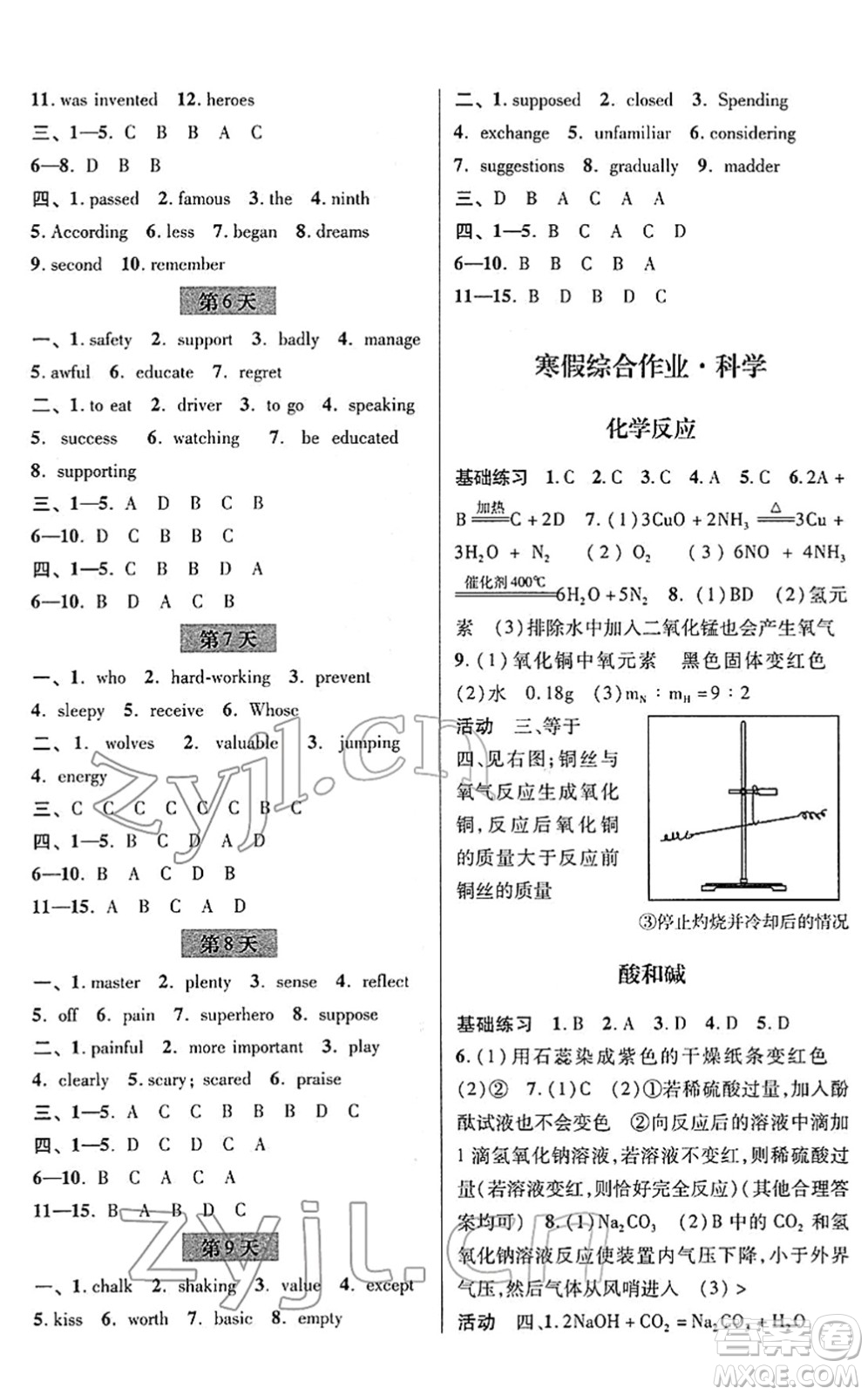 浙江科學(xué)技術(shù)出版社2022寒假綜合作業(yè)九年級合訂本通用版答案