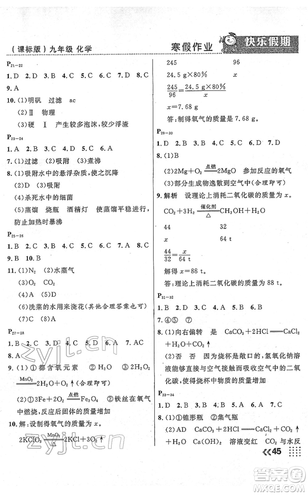 云南美術(shù)出版社2022本土假期寒假九年級化學(xué)課標(biāo)版答案