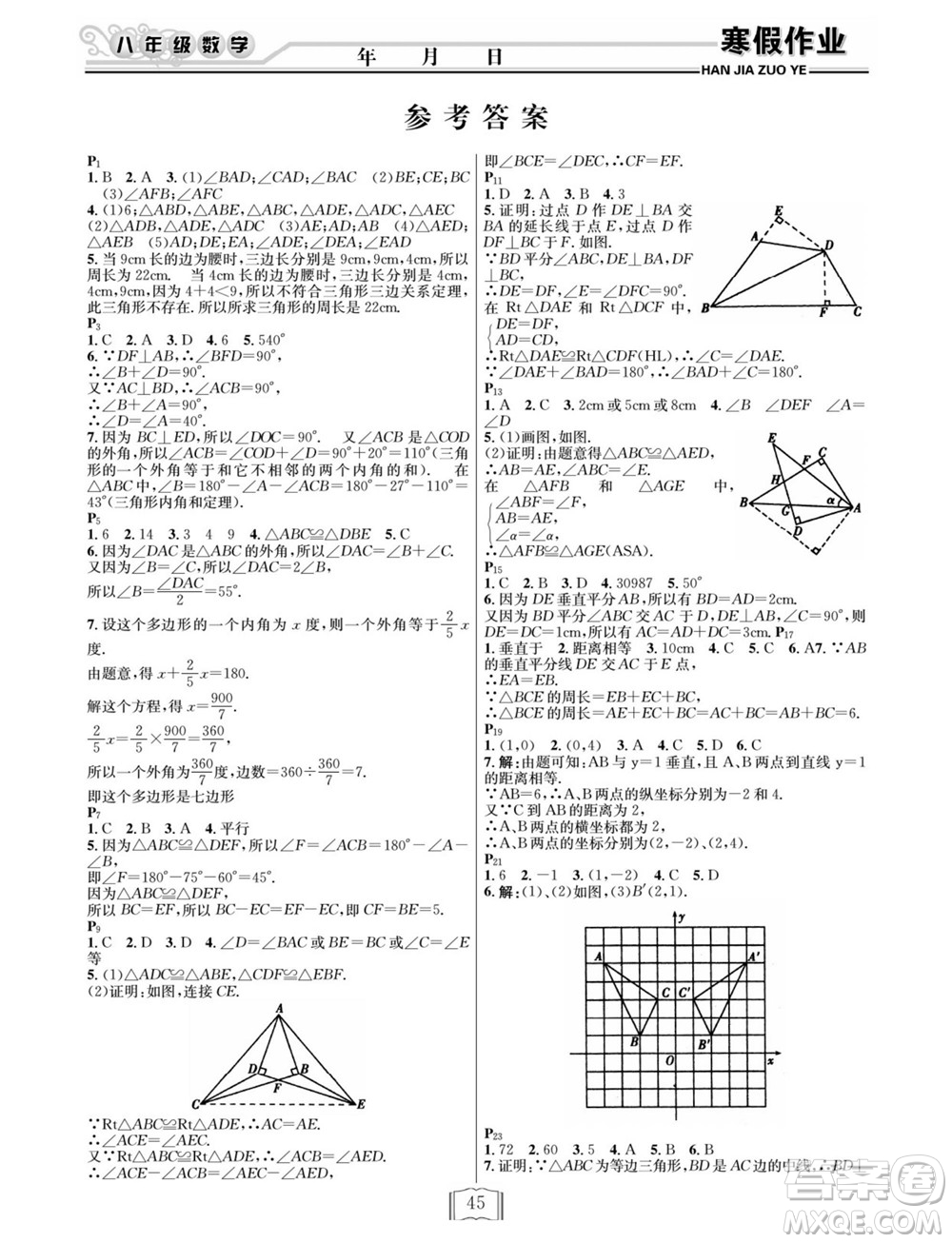 延邊人民出版社2022寒假作業(yè)快樂(lè)假期八年級(jí)數(shù)學(xué)人教版答案