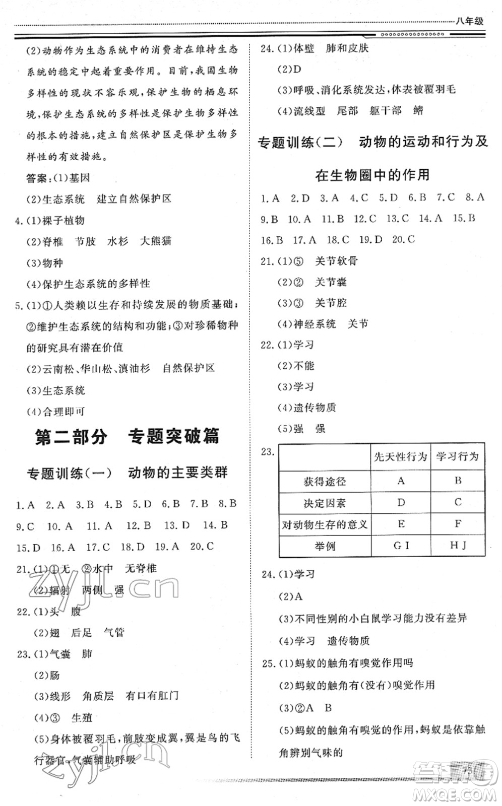 北京工業(yè)大學(xué)出版社2022文軒假期生活指導(dǎo)八年級(jí)生物人教版答案