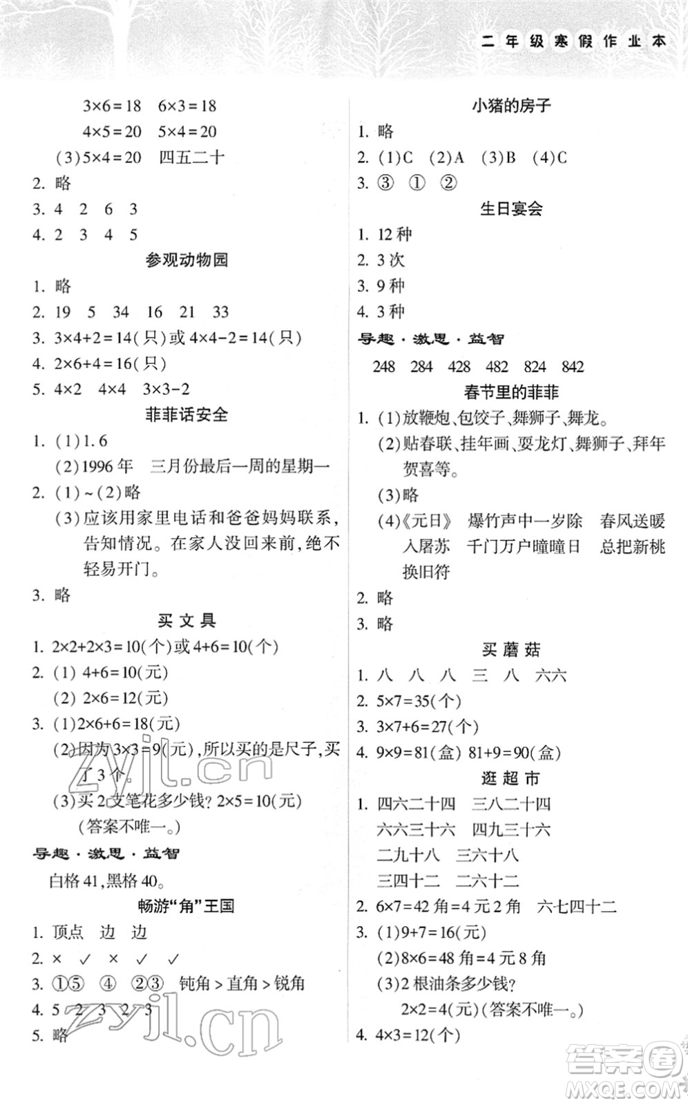 希望出版社2022寒假作業(yè)本天天練小學(xué)二年級數(shù)學(xué)人教版答案