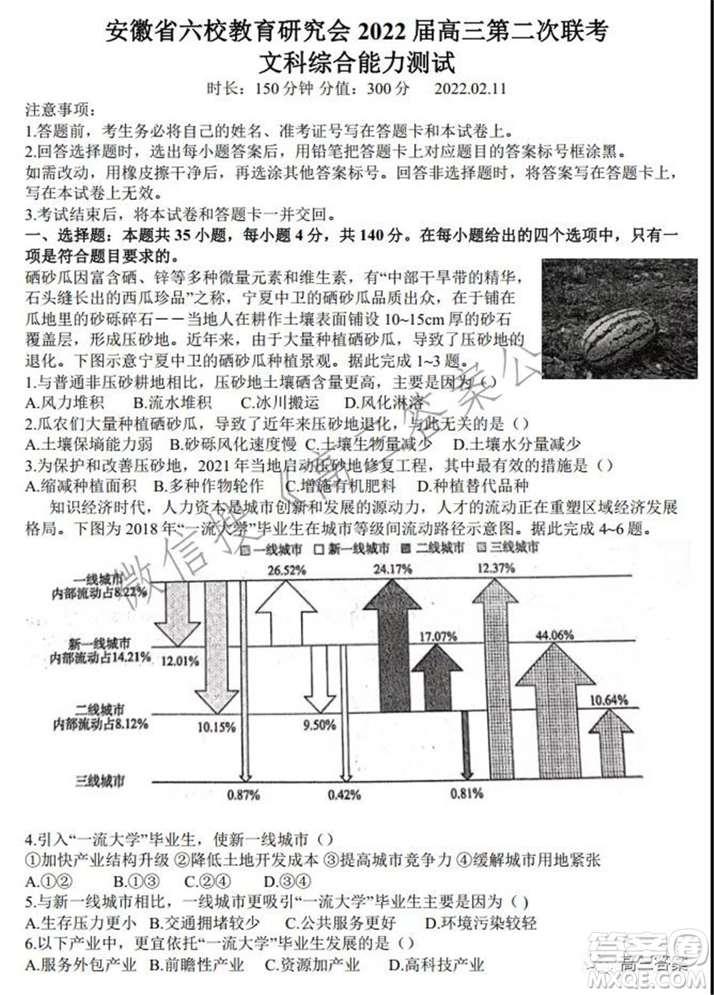 安徽省六校教育研究會(huì)2022屆高三聯(lián)考文科綜合能力測試答案