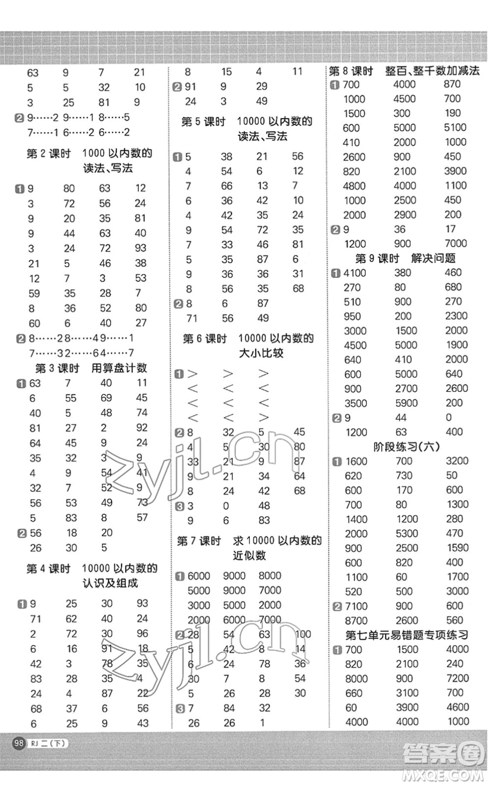 江西教育出版社2022陽光同學計算小達人二年級數(shù)學下冊RJ人教版答案