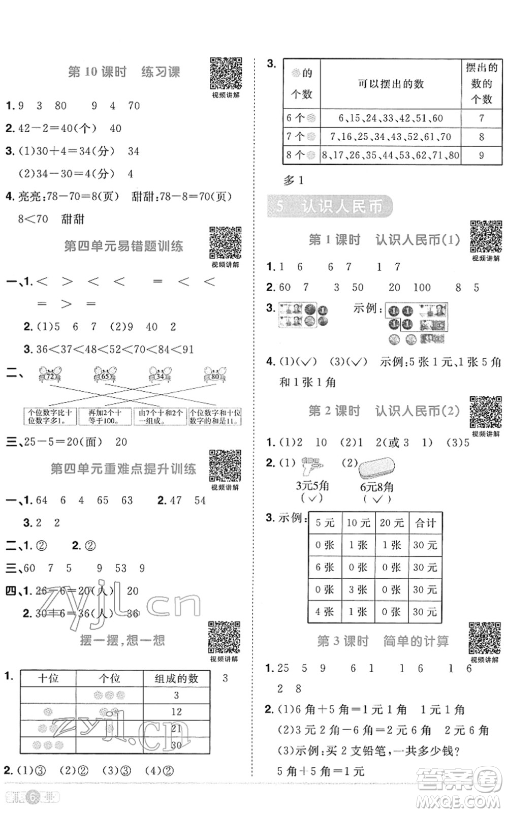 江西教育出版社2022陽光同學(xué)課時(shí)優(yōu)化作業(yè)一年級(jí)數(shù)學(xué)下冊(cè)RJ人教版菏澤專版答案