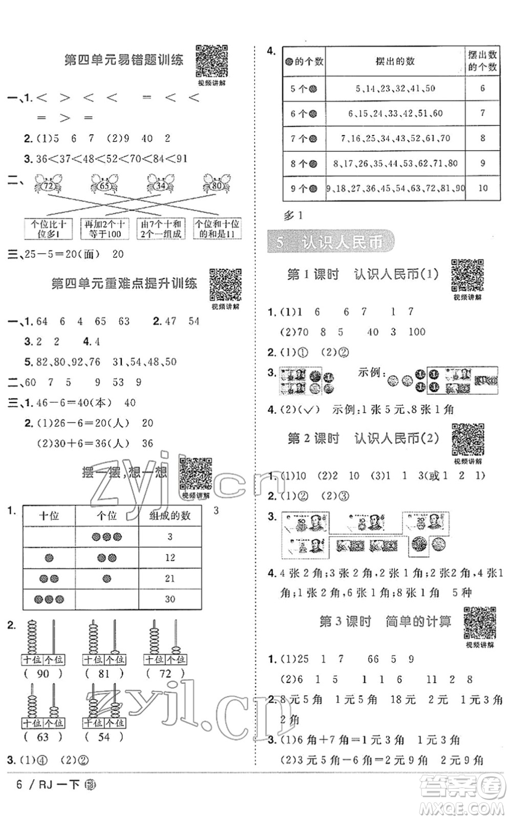 福建少年兒童出版社2022陽(yáng)光同學(xué)課時(shí)優(yōu)化作業(yè)一年級(jí)數(shù)學(xué)下冊(cè)RJ人教版福建專版答案