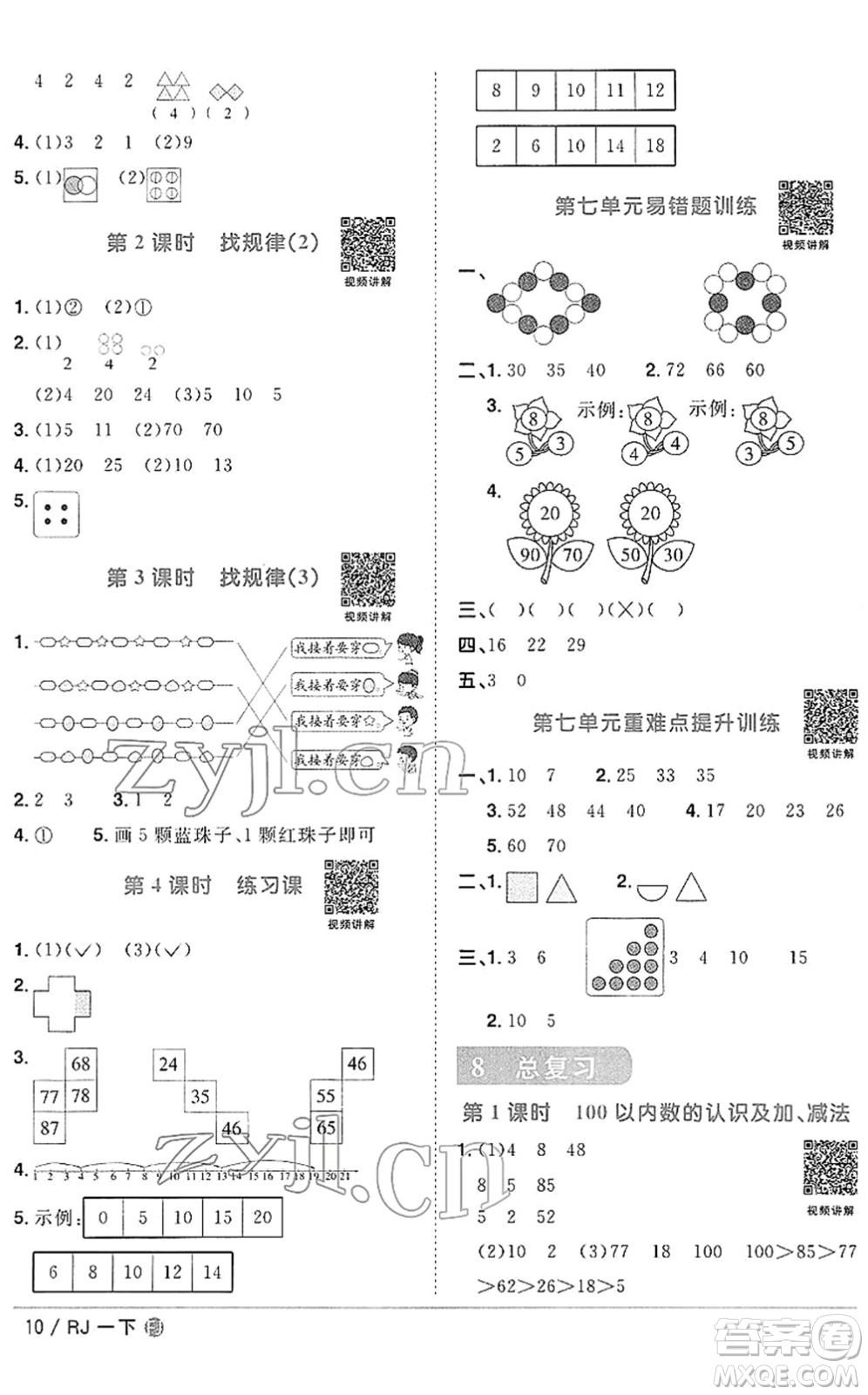 福建少年兒童出版社2022陽(yáng)光同學(xué)課時(shí)優(yōu)化作業(yè)一年級(jí)數(shù)學(xué)下冊(cè)RJ人教版福建專版答案