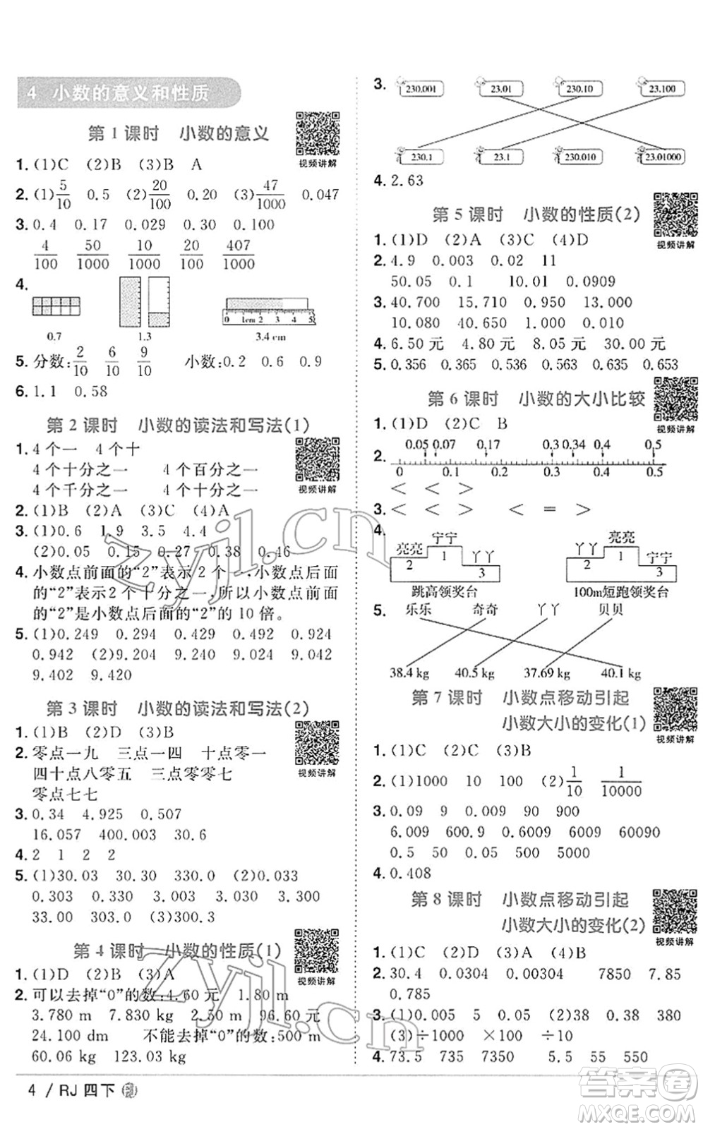 福建少年兒童出版社2022陽光同學(xué)課時(shí)優(yōu)化作業(yè)四年級數(shù)學(xué)下冊RJ人教版福建專版答案