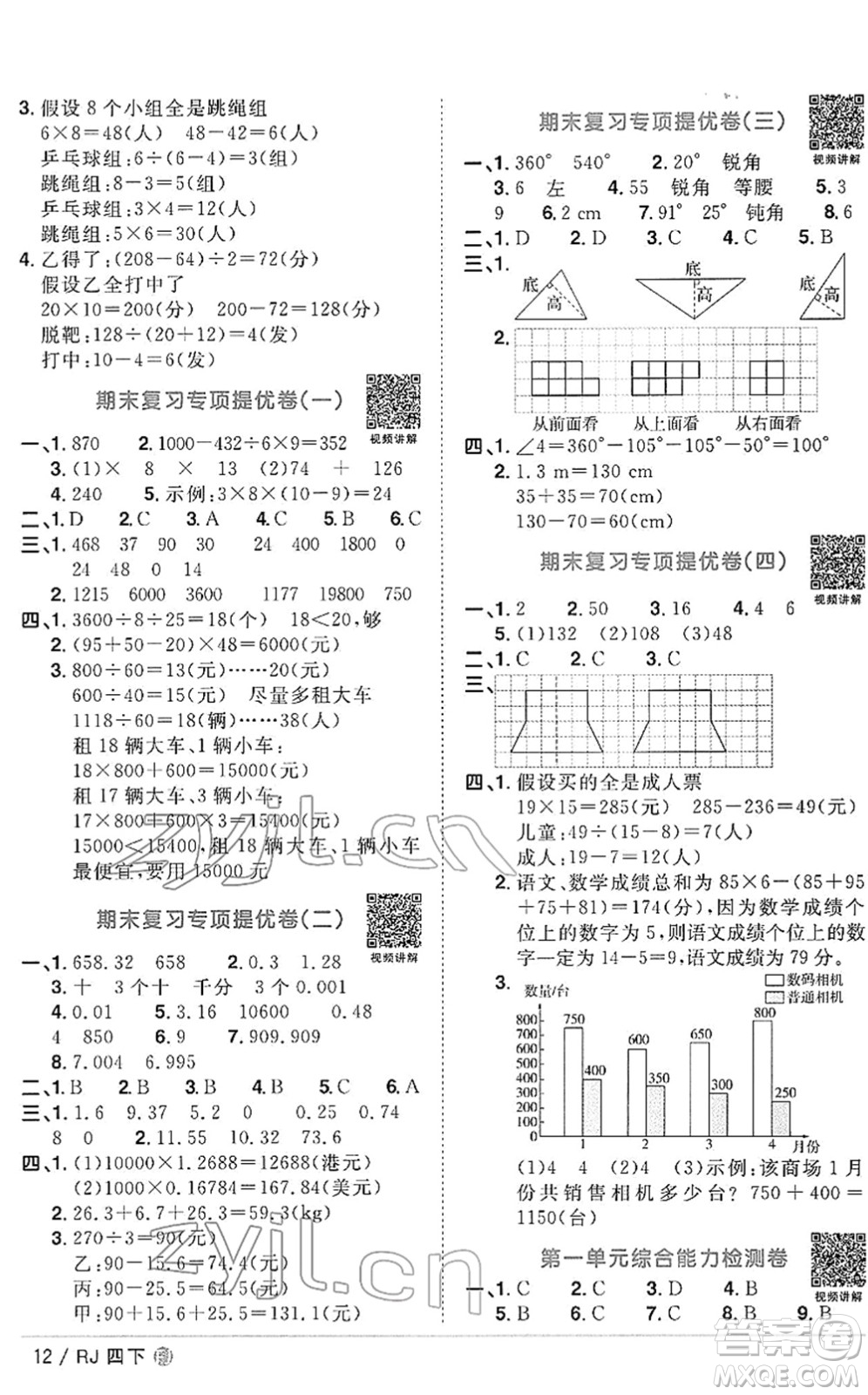 福建少年兒童出版社2022陽光同學(xué)課時(shí)優(yōu)化作業(yè)四年級數(shù)學(xué)下冊RJ人教版福建專版答案