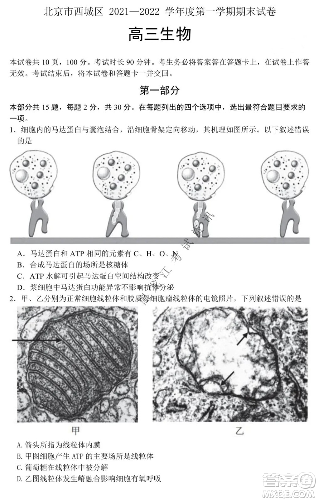 北京市西城區(qū)2021-2022學年第一學期期末試卷高三生物試題及答案