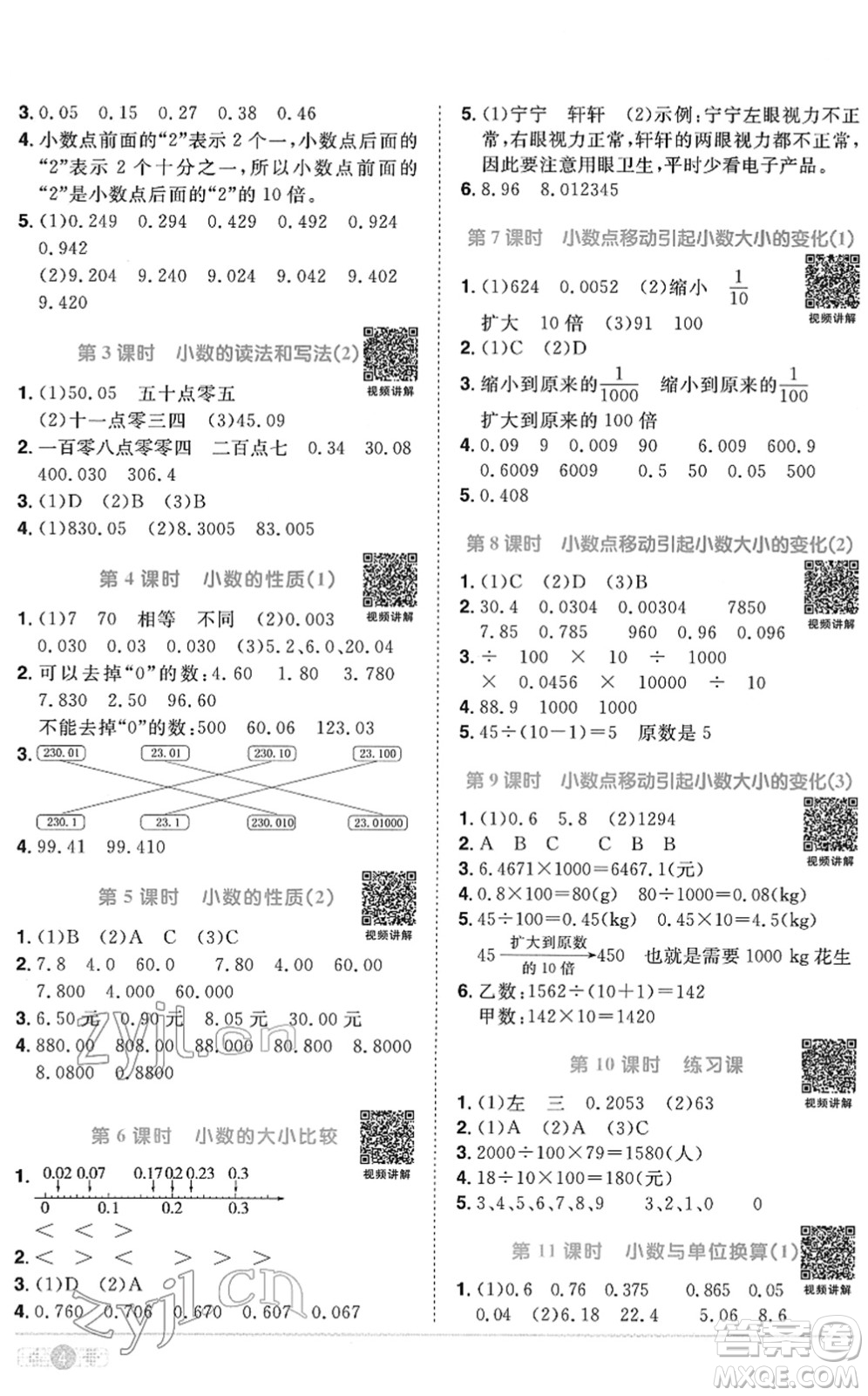 江西教育出版社2022陽光同學課時優(yōu)化作業(yè)四年級數(shù)學下冊RJ人教版菏澤專版答案