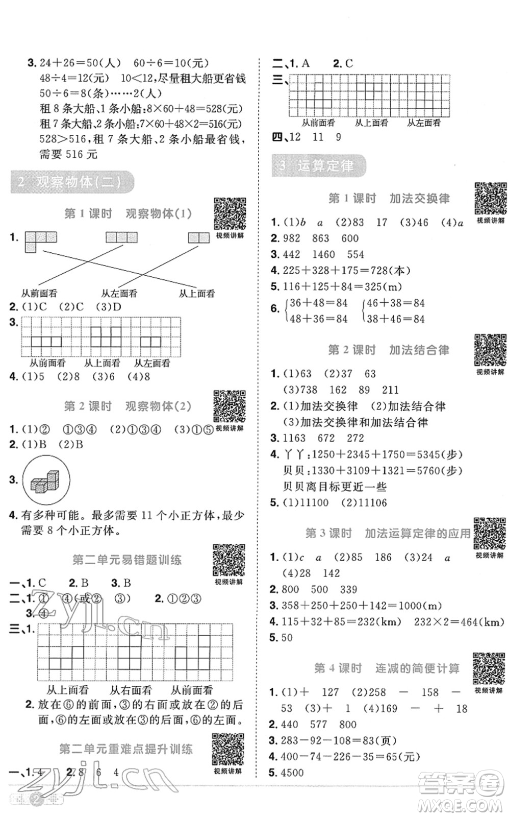 江西教育出版社2022陽光同學課時優(yōu)化作業(yè)四年級數(shù)學下冊RJ人教版菏澤專版答案