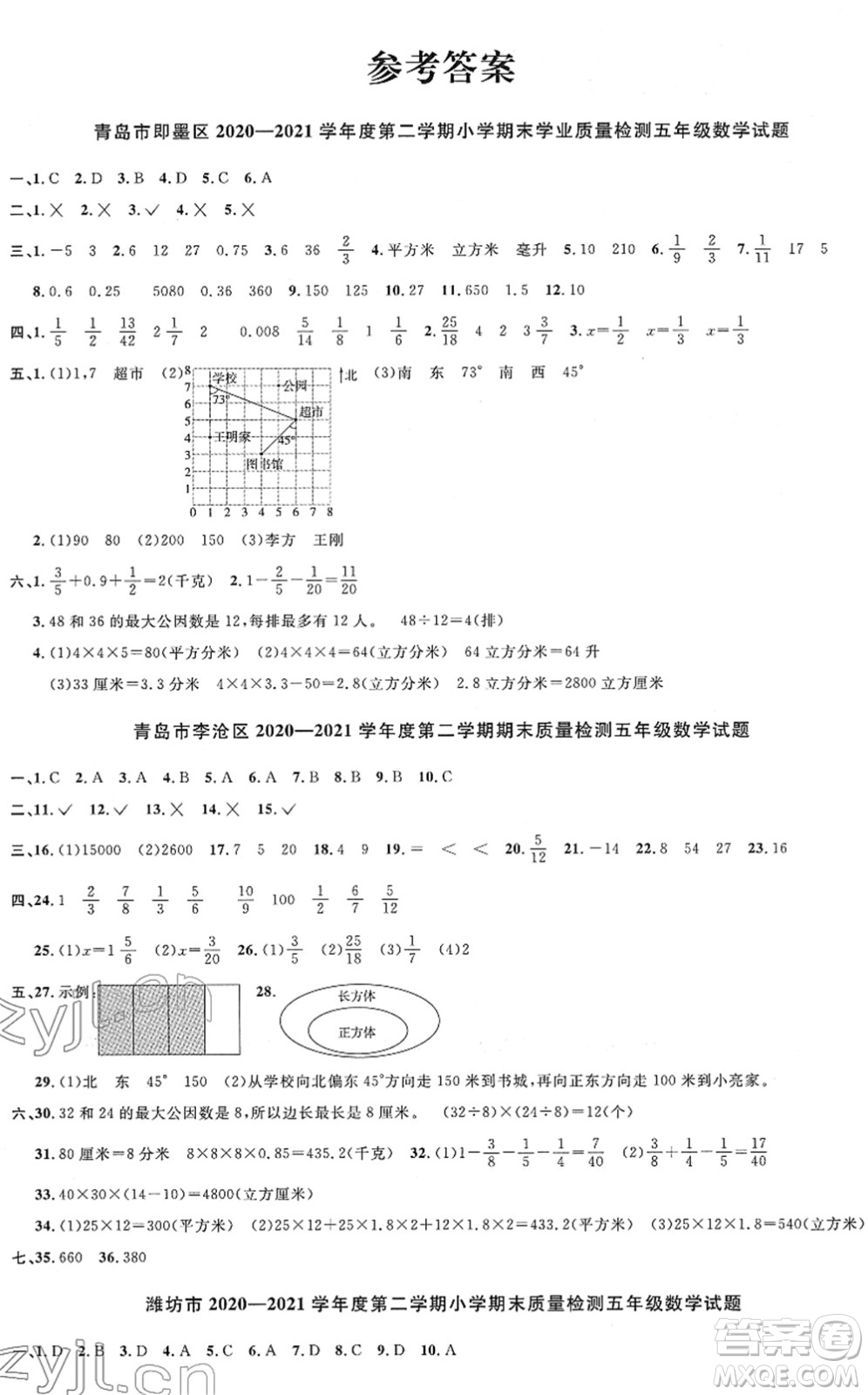 江西教育出版社2022陽光同學課時優(yōu)化作業(yè)五年級數(shù)學下冊QD青島版答案