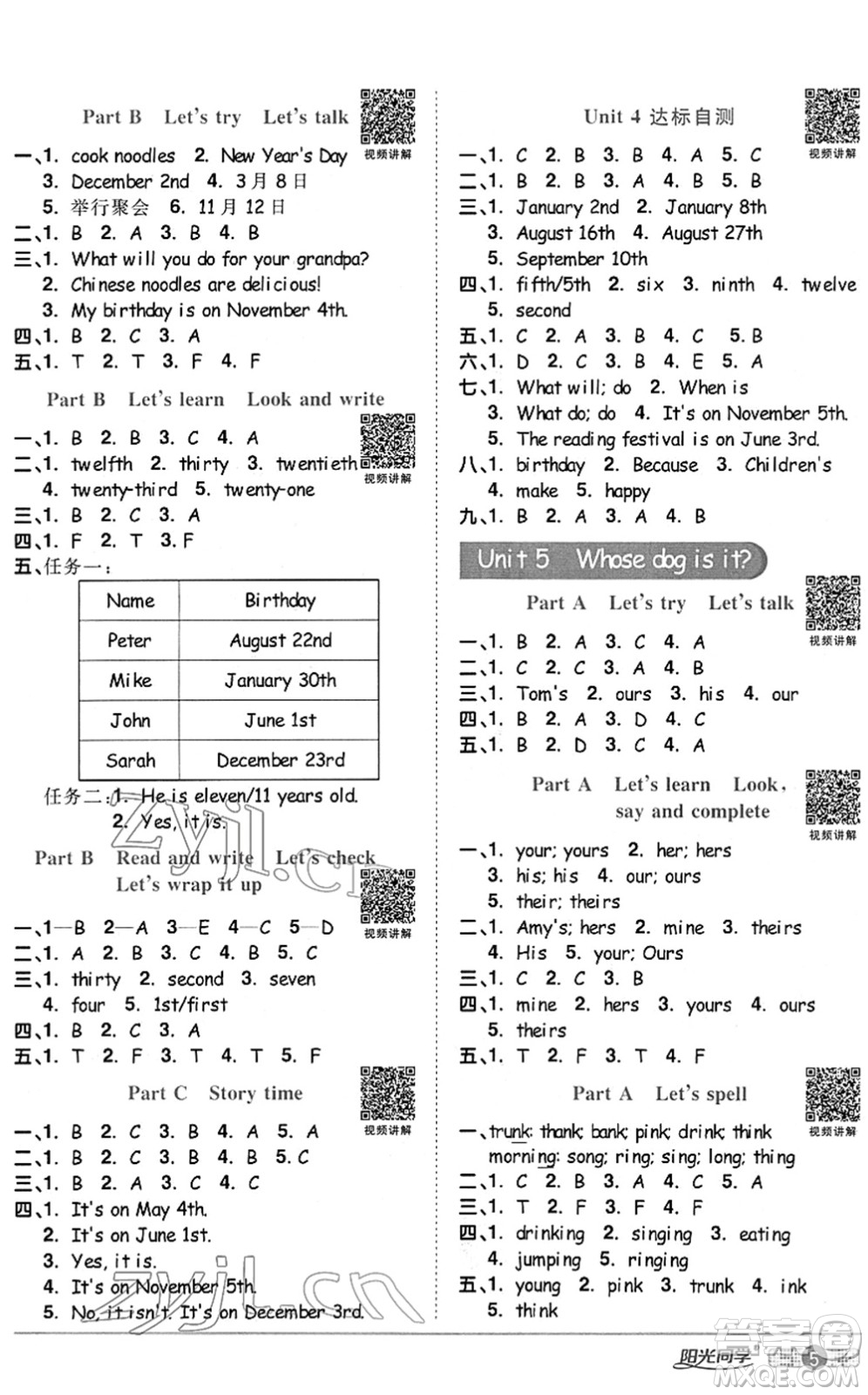 江西教育出版社2022陽光同學(xué)課時(shí)優(yōu)化作業(yè)五年級英語下冊PEP版答案