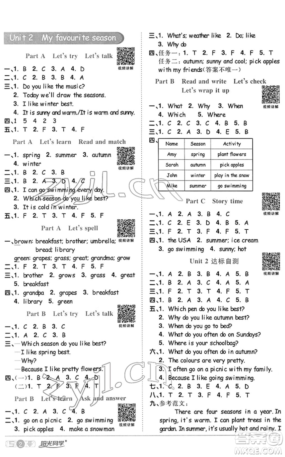 江西教育出版社2022陽光同學(xué)課時(shí)優(yōu)化作業(yè)五年級英語下冊PEP版答案