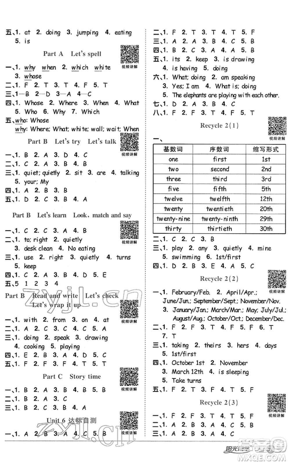 江西教育出版社2022陽光同學(xué)課時(shí)優(yōu)化作業(yè)五年級英語下冊PEP版答案