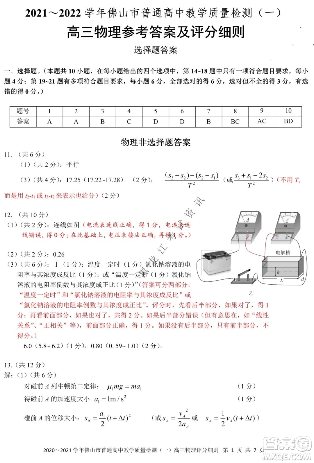 2021-2022學(xué)年佛山市普通高中高三教學(xué)質(zhì)量檢測(cè)一物理試題及答案