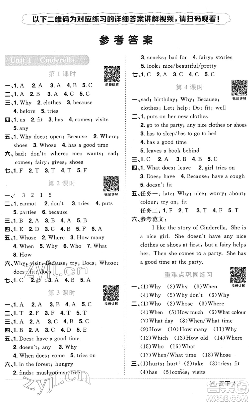 江西教育出版社2022陽光同學課時優(yōu)化作業(yè)五年級英語下冊YL譯林版答案