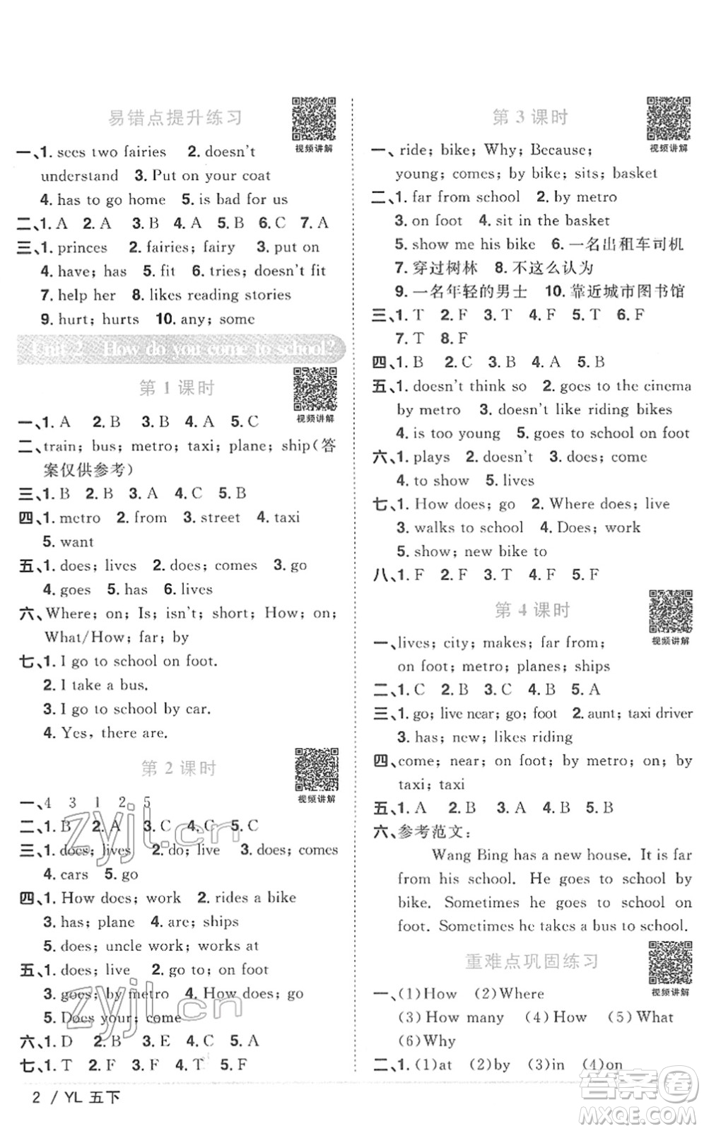 江西教育出版社2022陽光同學課時優(yōu)化作業(yè)五年級英語下冊YL譯林版答案