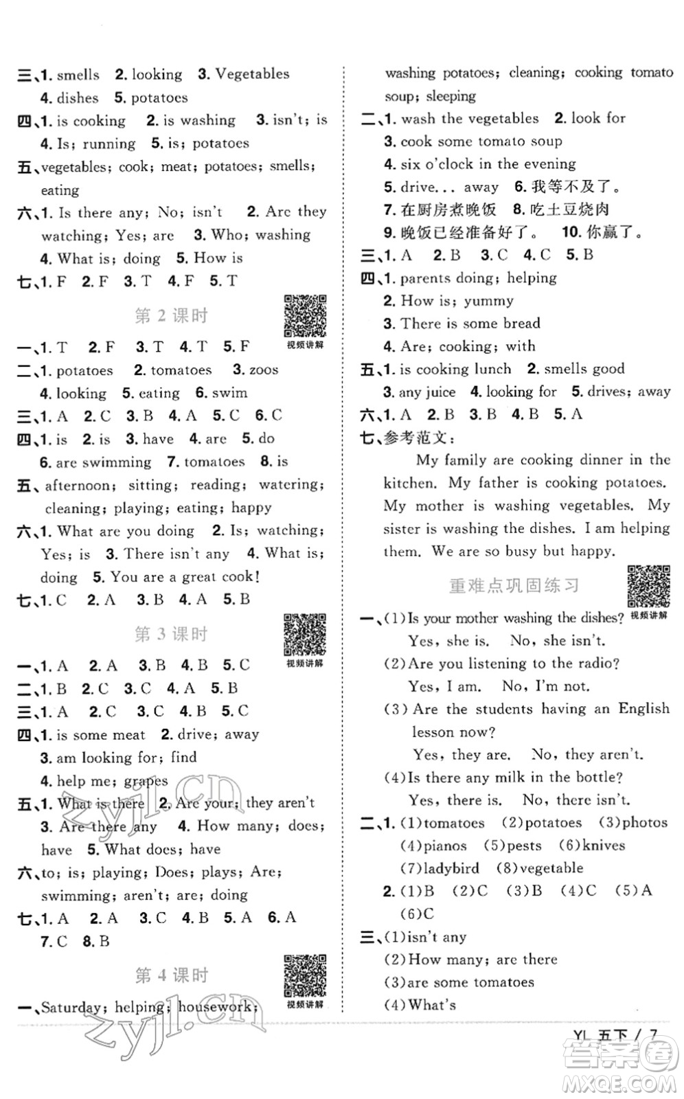 江西教育出版社2022陽光同學課時優(yōu)化作業(yè)五年級英語下冊YL譯林版答案