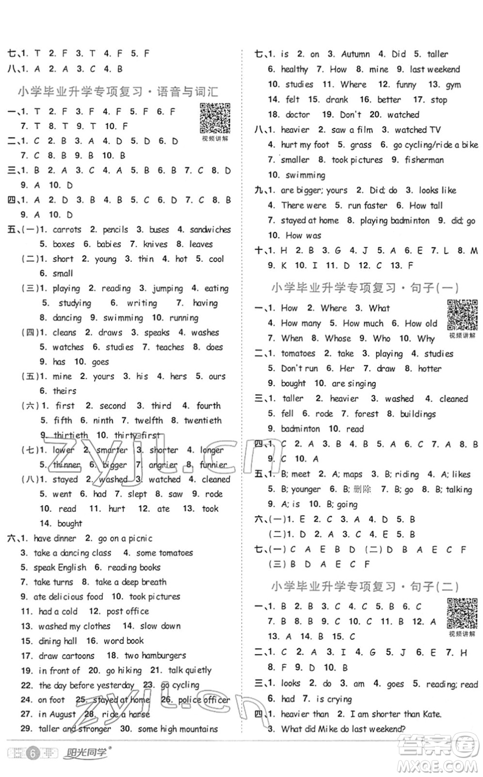 江西教育出版社2022陽(yáng)光同學(xué)課時(shí)優(yōu)化作業(yè)六年級(jí)英語(yǔ)下冊(cè)PEP版答案