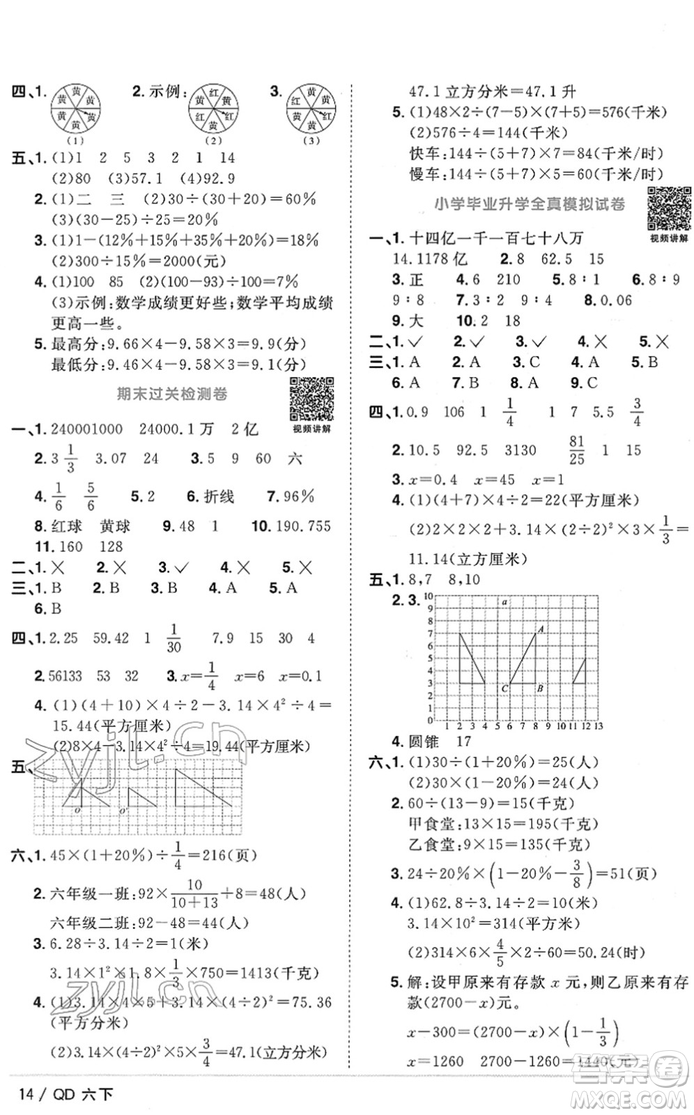 江西教育出版社2022陽光同學(xué)課時(shí)優(yōu)化作業(yè)六年級數(shù)學(xué)下冊QD青島版答案