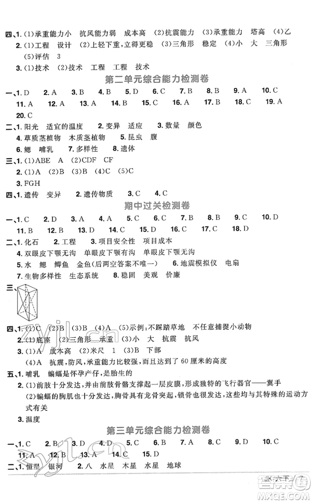 江西教育出版社2022陽光同學(xué)課時優(yōu)化作業(yè)六年級科學(xué)下冊JK教科版答案