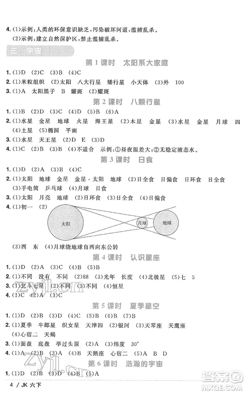 江西教育出版社2022陽光同學(xué)課時優(yōu)化作業(yè)六年級科學(xué)下冊JK教科版答案