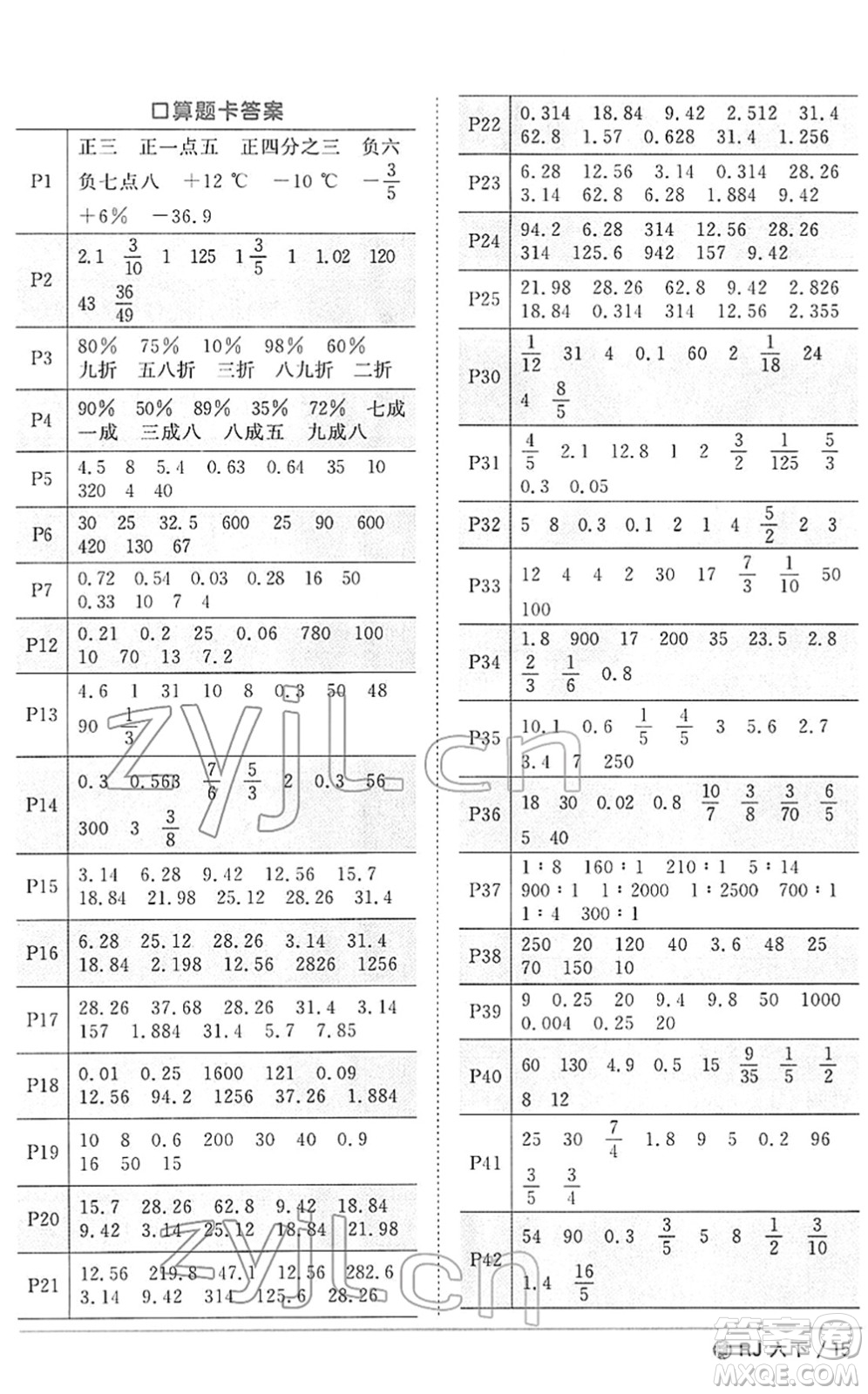 福建少年兒童出版社2022陽(yáng)光同學(xué)課時(shí)優(yōu)化作業(yè)六年級(jí)數(shù)學(xué)下冊(cè)RJ人教版福建專版答案