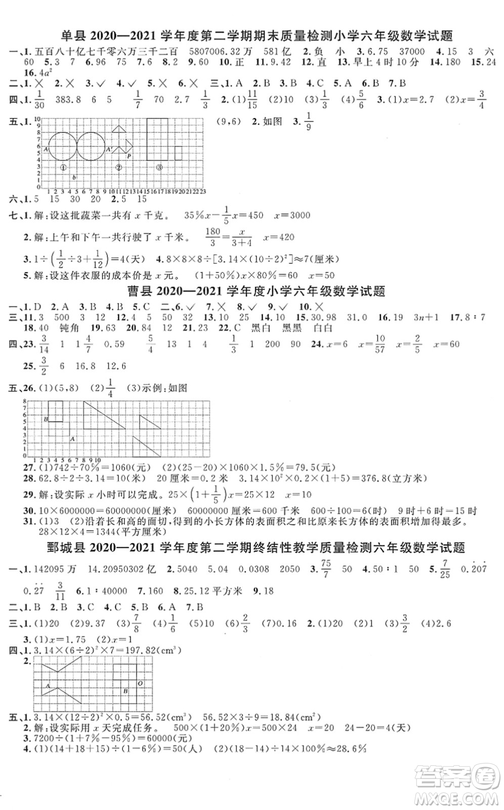 江西教育出版社2022陽光同學課時優(yōu)化作業(yè)六年級數(shù)學下冊RJ人教版菏澤專版答案