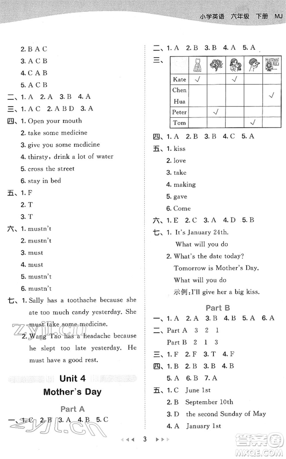 教育科學(xué)出版社2022春季53天天練六年級英語下冊MJ閩教版答案